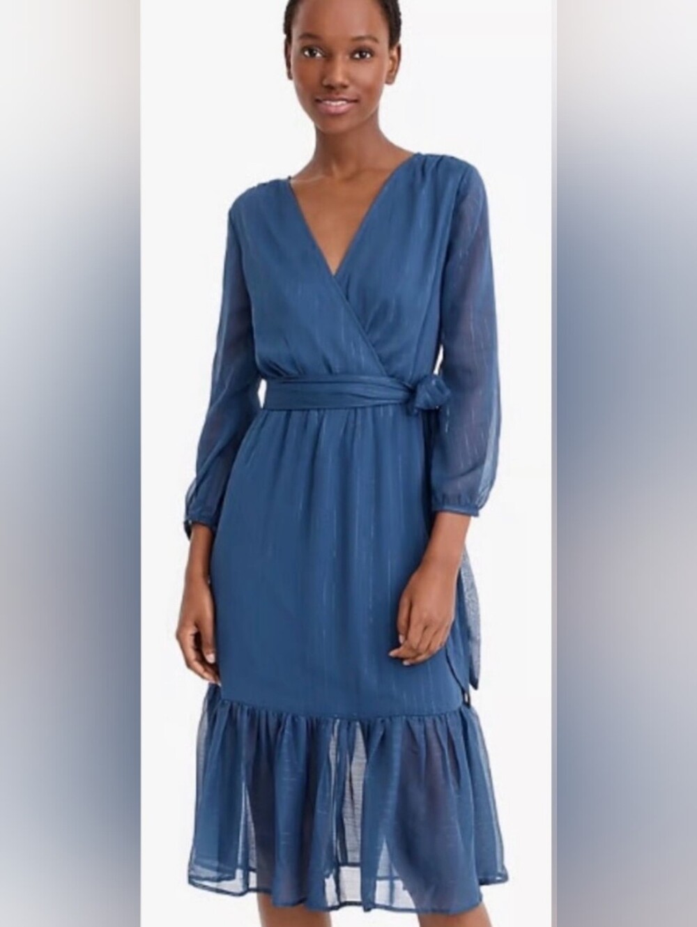 NWT J. Crew Blue Chiffon Faux Wrap Midi Dress W Ruffle Hem & Sheer Long Sleeve